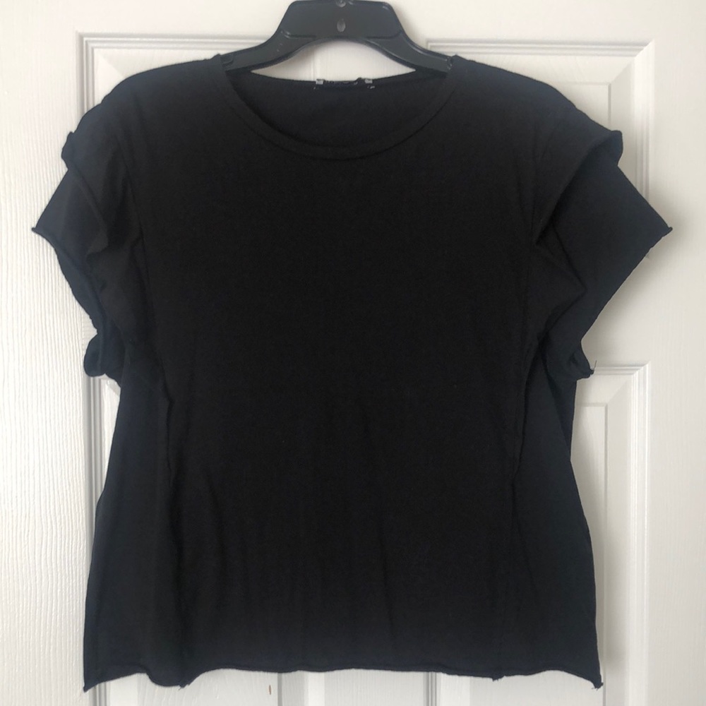 Zara Black Short Sleeve Ruffle Detail Tee